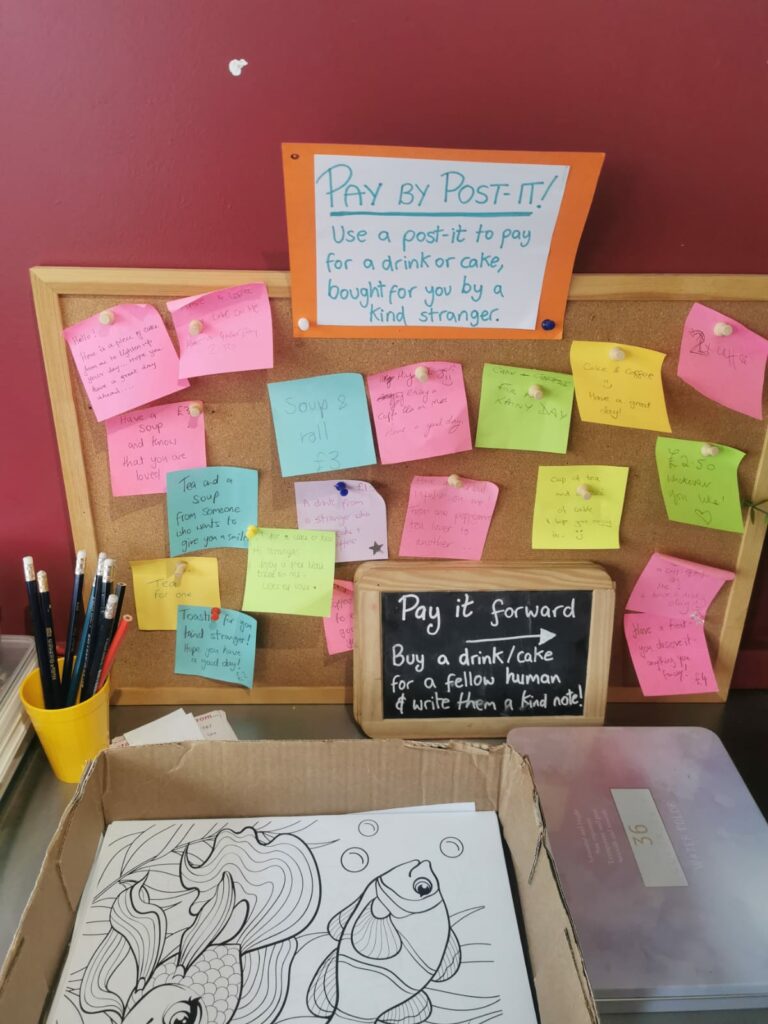 A cork board with post it notes pinned to it