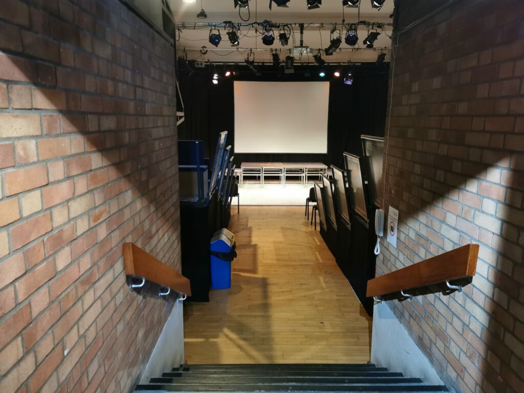 The entrance to the theatre, including some steps down