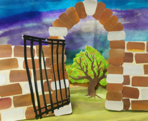A collaged image of a tree seen through a brick wall with an arch and an open gate