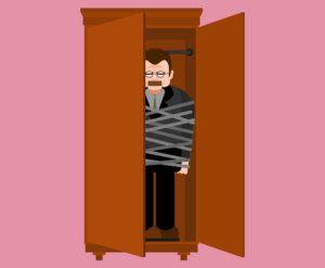 Comic illustration of man wearing a suit bound an gagged in a wardrobe