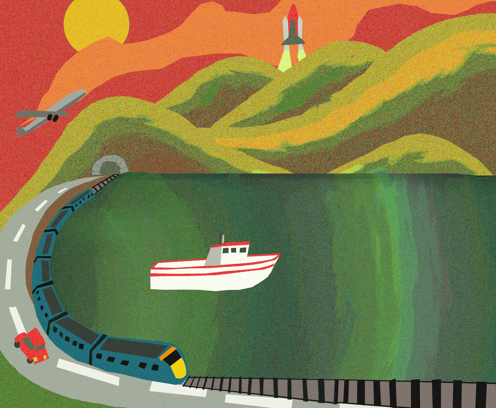 A digital illustration of a train, a car, a boat, a plane, and a rocket ship all travelling around a countryside scene with a large lake, central. The sky is a red colour.