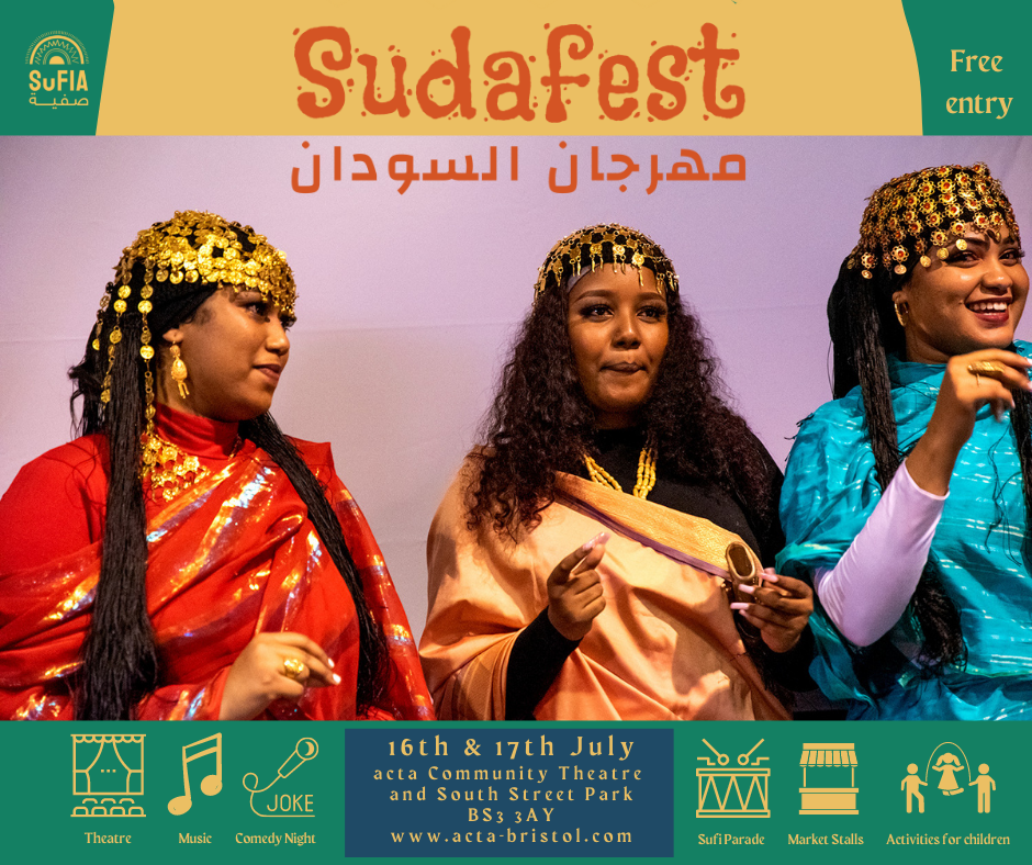 Three sudanese young women are dressed in traditional clothing for the procession
