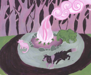 Painting of a campfire in the woods, with a cat, a bear, and a dog encircling it