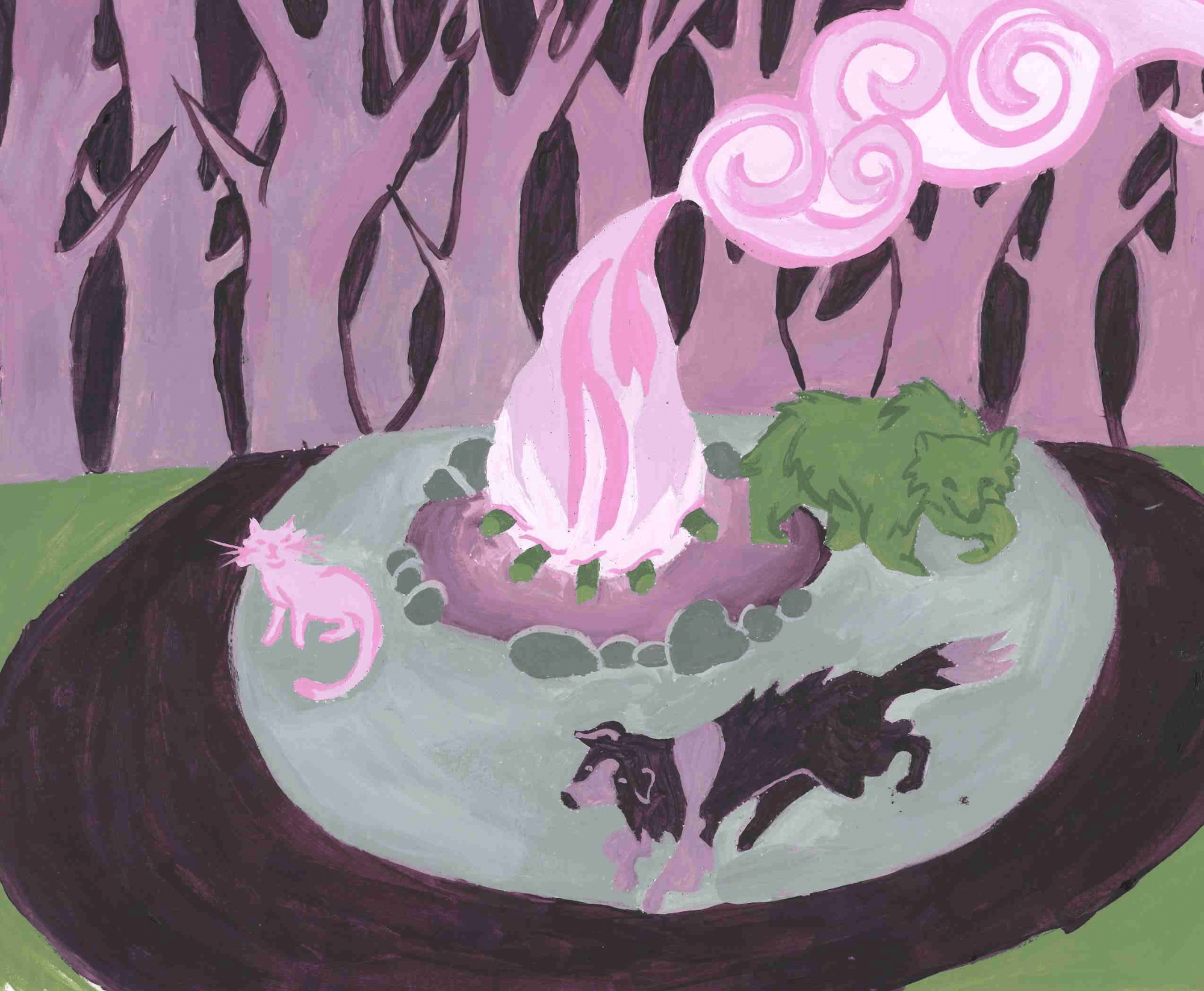 Painting of three animals (bear, cat, dog) walking around a campfire