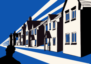 Illustration of a man looking down a suburban street. The image is blue, white, and black.