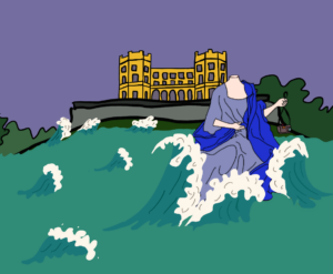 Illustration of a headless woman holding an analog camera in front of the yellow Dower House in Lockleaze. There is a an aggressive flood happening around here.