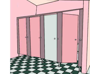 Digital Illustration of toilet cubicles painted in pink and blue.