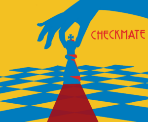 Digital illustration: a hand picks up a chess piece from a chess board casting a blood red shadow.