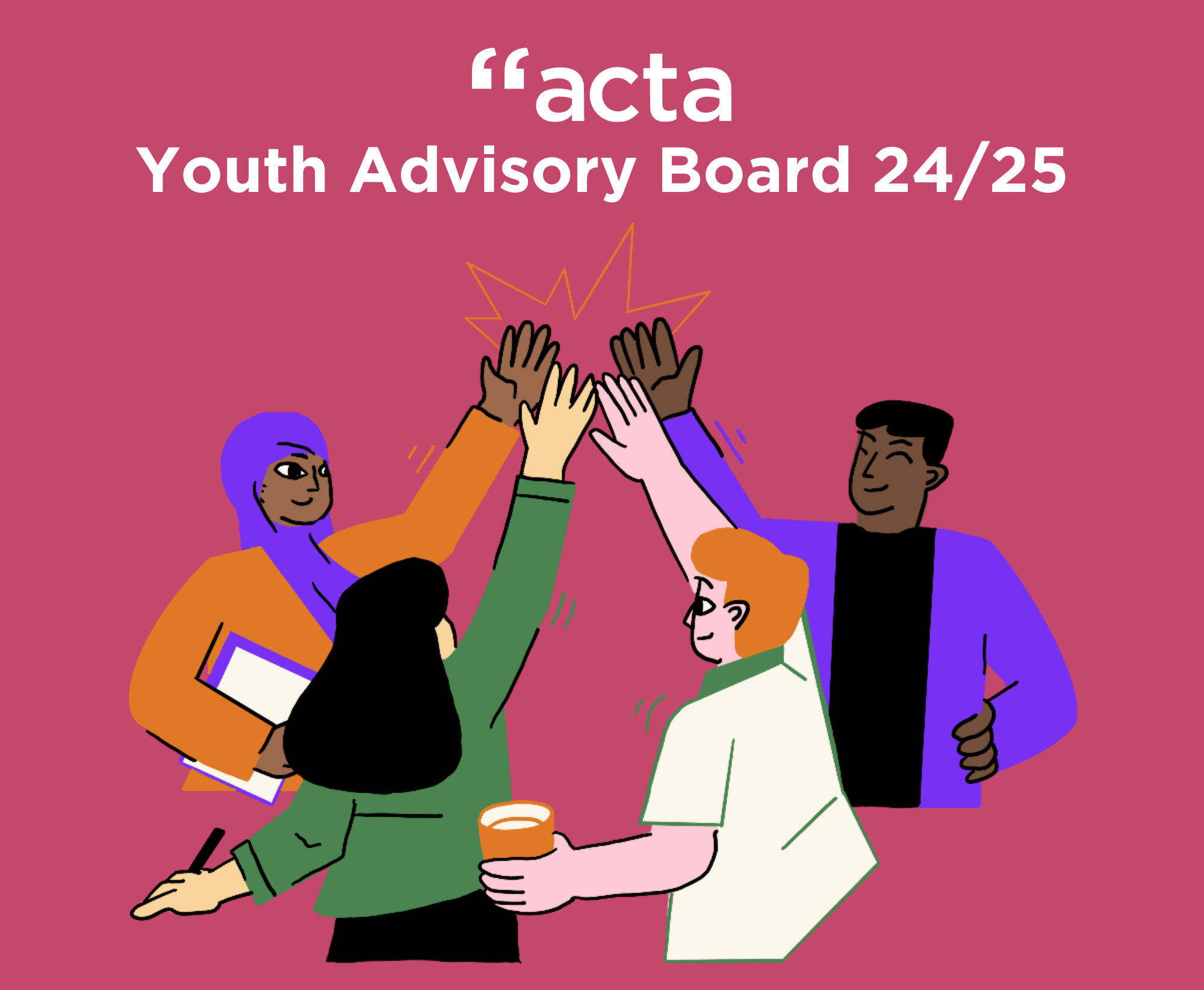 Digital illustration of four young people high-fiving